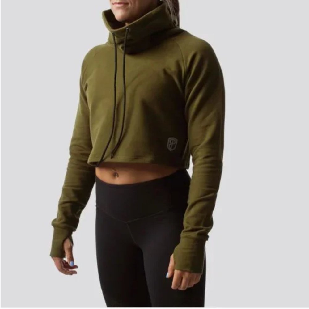 Born Primitive Olive Cropped Funnel Neck Hoodie with Thumbholes